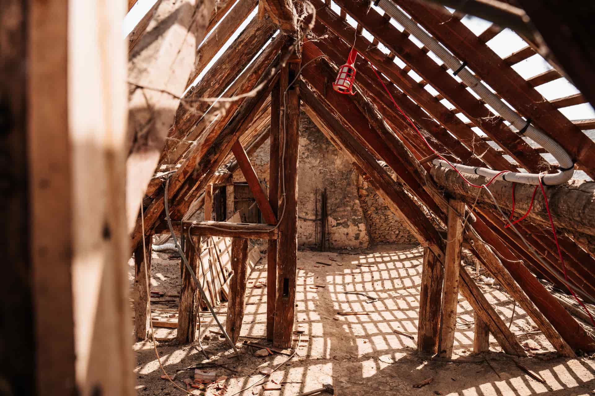 Roof rafters and boarding inside an attic space lit by daylight