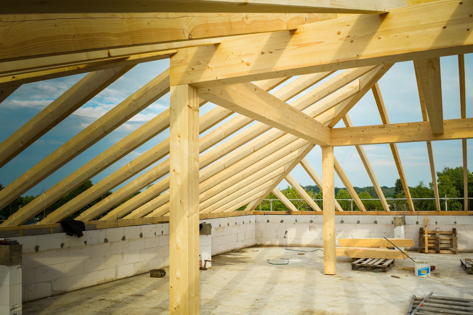 Timber roof trusses forming an attic space, seen from inside