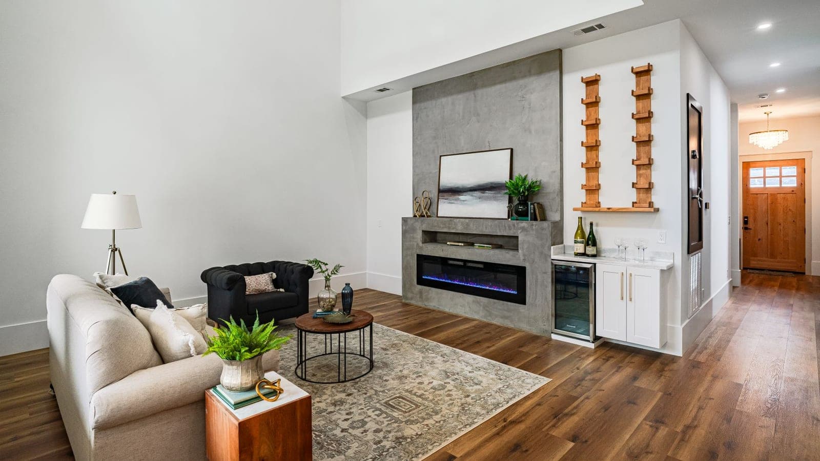 A modern living room with a portable air cooler