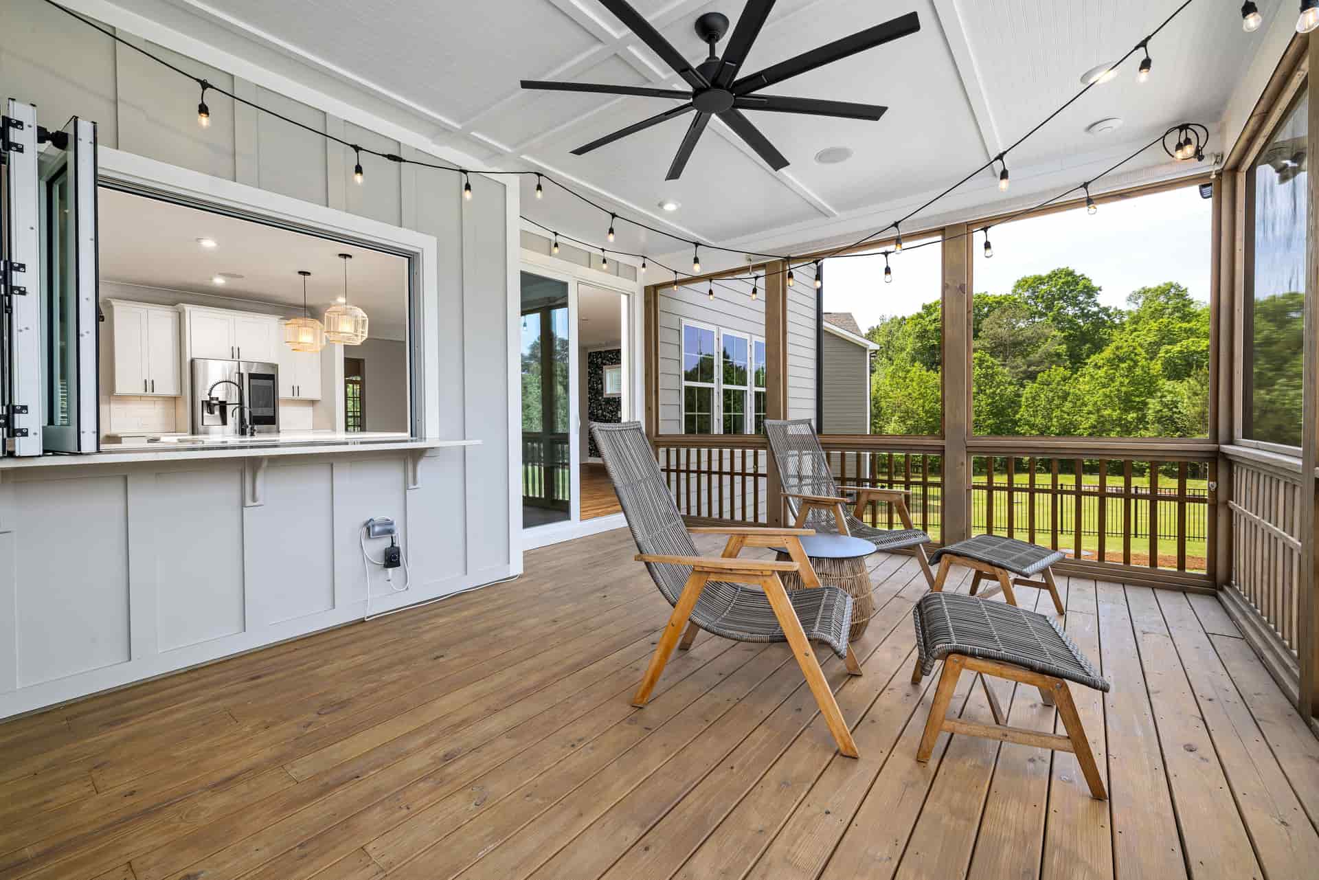 A ceiling fan on a covered outdoor porch