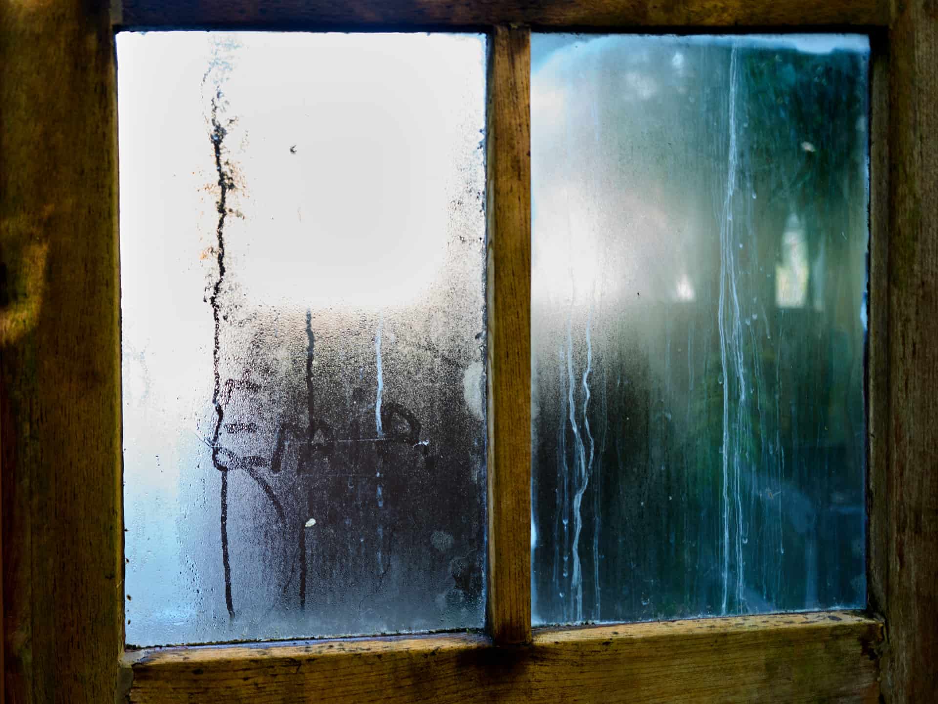 Condensation beaded on the inside of a window pane