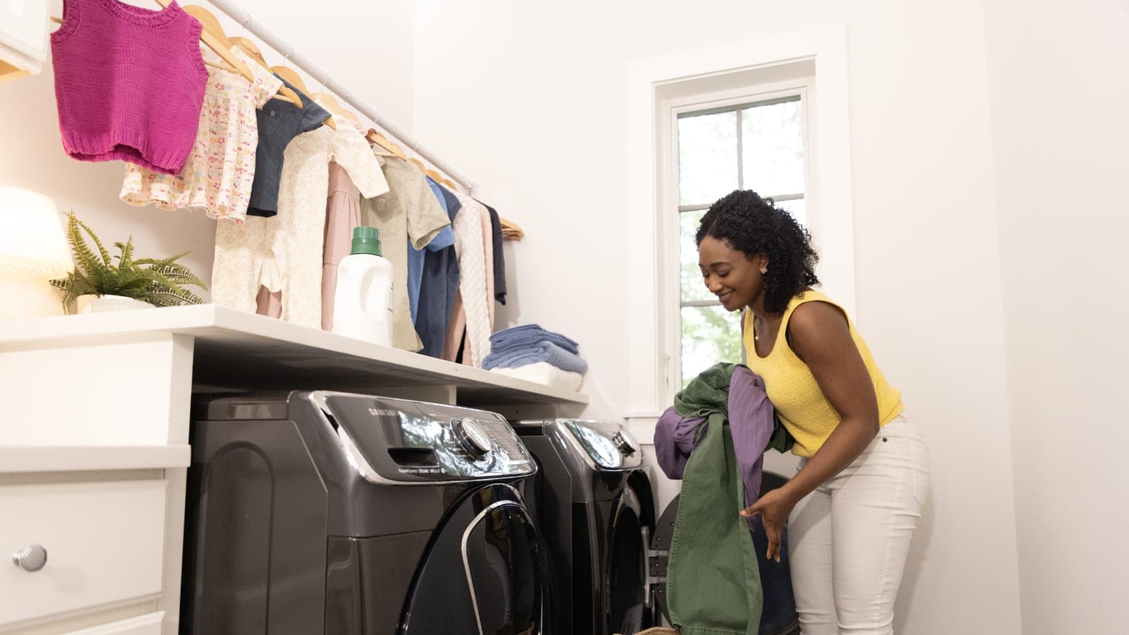 A laundry room with a washer and dryer