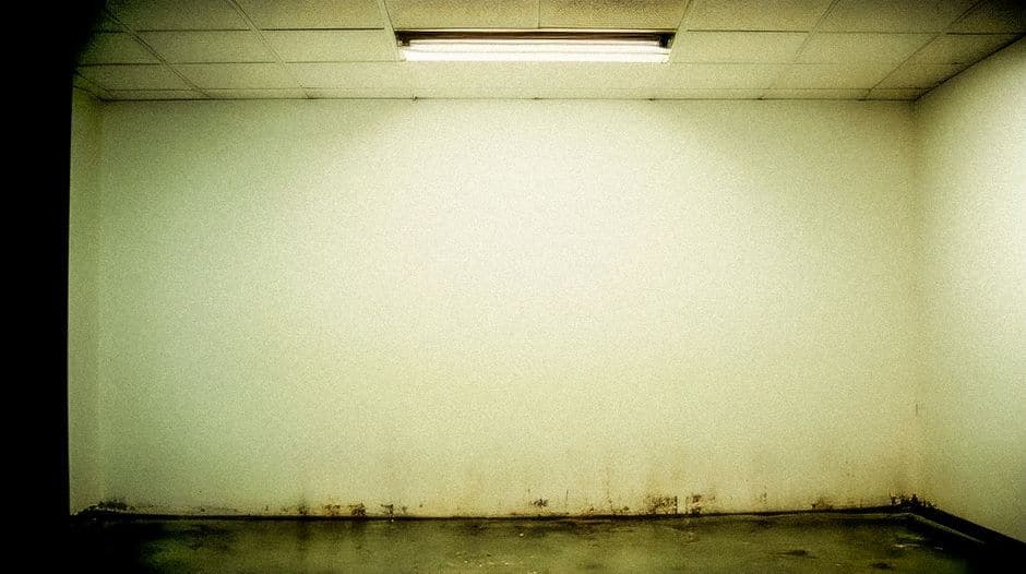 A bare basement-style room with stained walls and overhead lighting