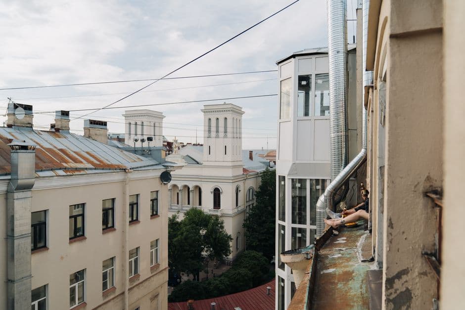 Apartment windows and rooftops in a city
